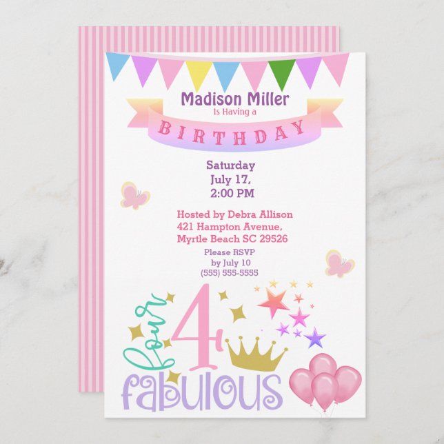 Invitación Girly 4 y Fabulous Birday Party (Anverso / Reverso)