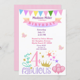 Invitación Girly 4 y Fabulous Birday Party