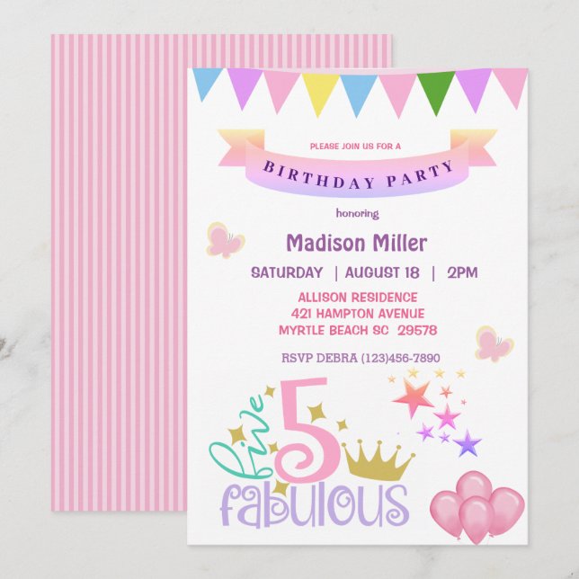 Invitación Girly 5 y fabulosa fiesta de cumpleaños (Anverso / Reverso)