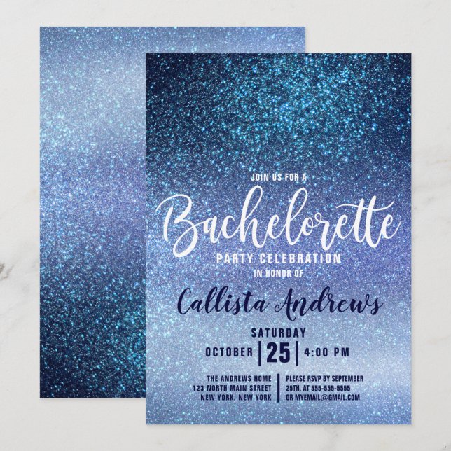 Invitación Girly Aqua Baby Blue Triple Purpurina Bachelorette (Anverso / Reverso)