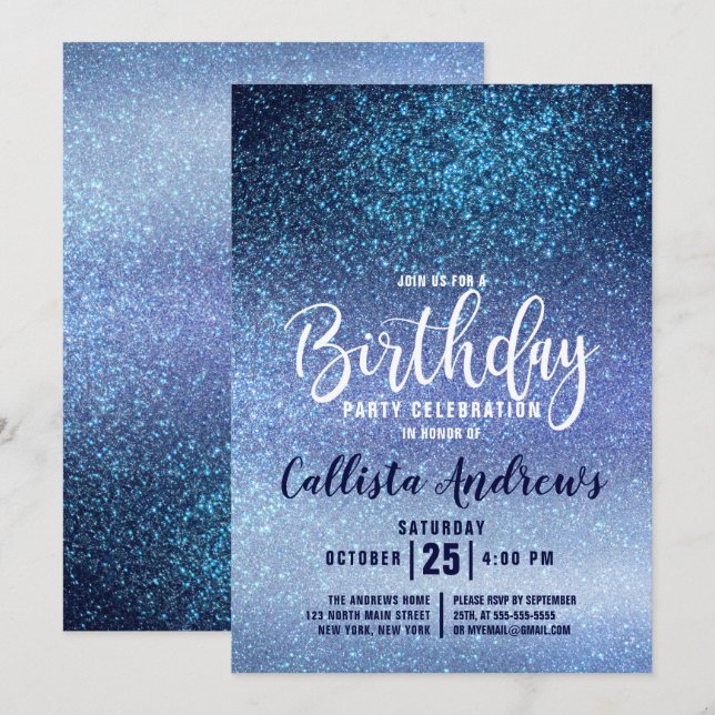 Invitación Girly Aqua Baby Blue Triple Purpurina Ombre Cumple (Anverso / Reverso)