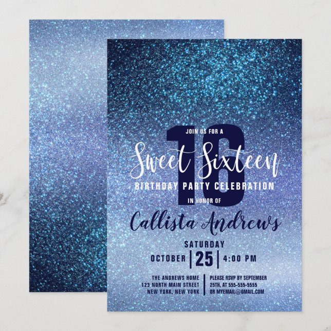 Invitación Girly Aqua Baby Blue Triple Purpurina Ombre Sweet  (Anverso / Reverso)