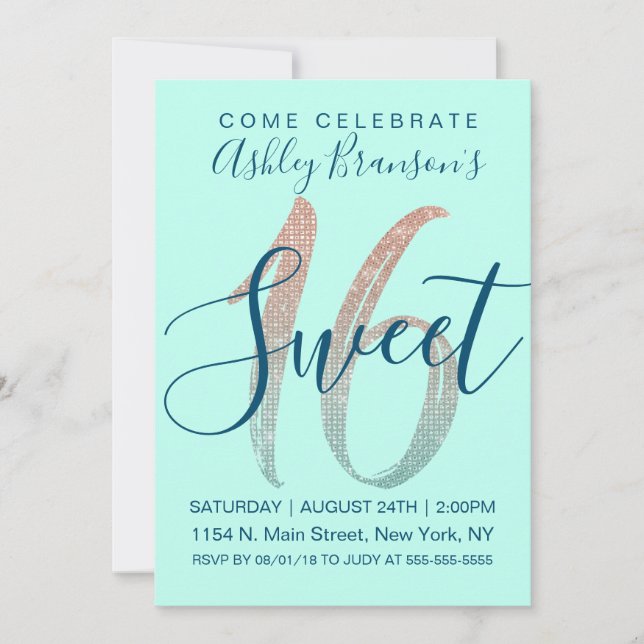 Invitación Girly Aqua Blue Rosa Gold Sequin Purpurina Sweet 1 (Anverso)