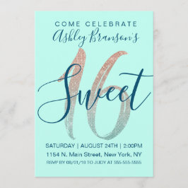 Invitación Girly Aqua Blue Rosa Gold Sequin Purpurina Sweet 1