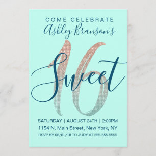 Invitación Girly Aqua Blue Rosa Gold Sequin Purpurina Sweet 1