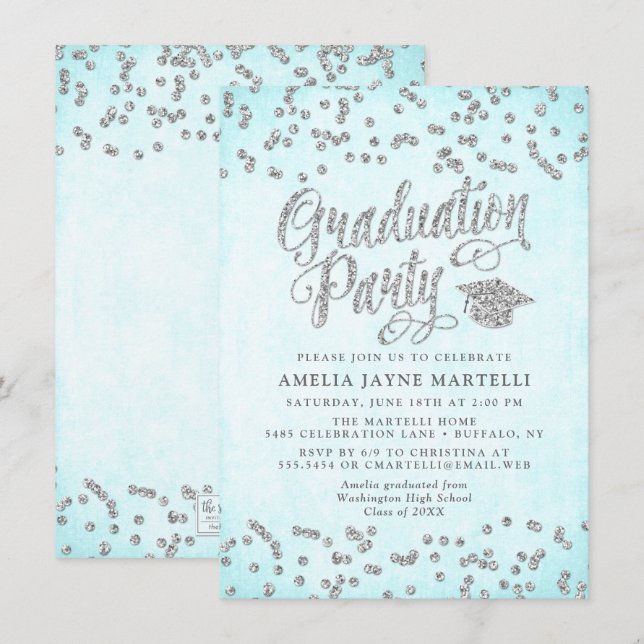 Invitación Girly Aqua Blue Silver Purpurina Graduación (Anverso / Reverso)