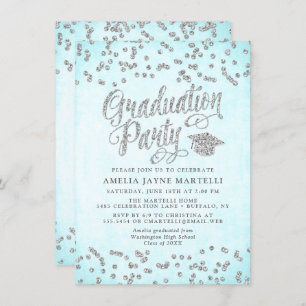 Invitación Girly Aqua Blue Silver Purpurina Graduación