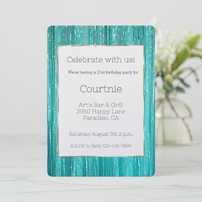 Invitación Girly Aqua Mint Tinsel Stripes Gold Cumpleaños 21 (Anverso de pie)