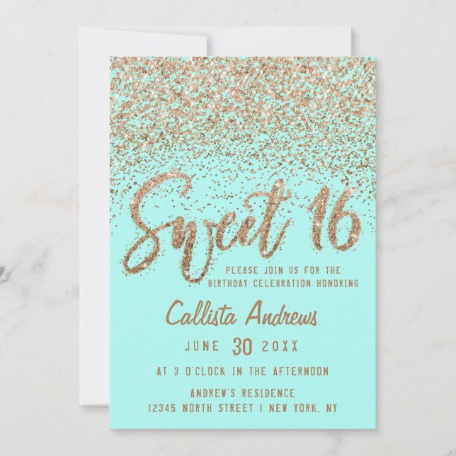 Invitación Girly Aqua Oro Verde azulado Purpurina Dulce 16 (Anverso)