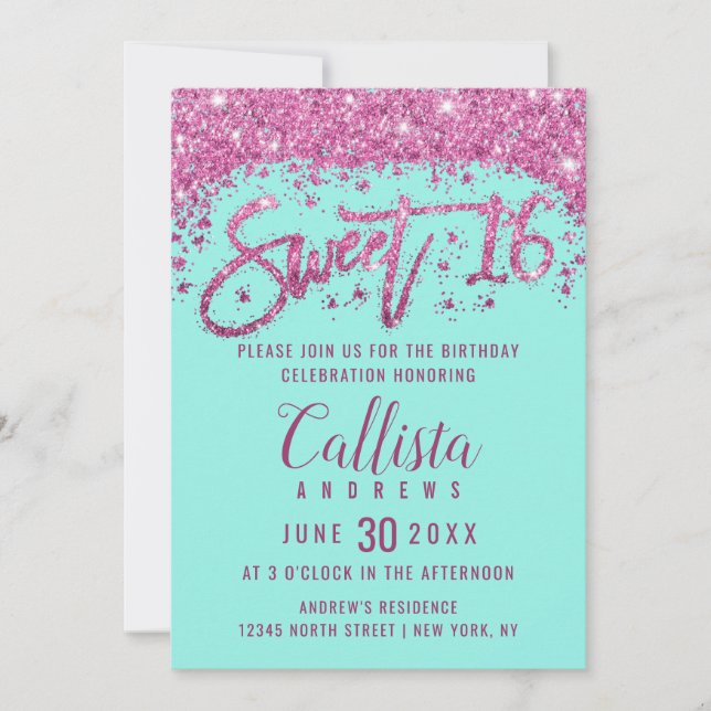 Invitación Girly Aqua Purpurina rosa brillante Verde azulado  (Anverso)