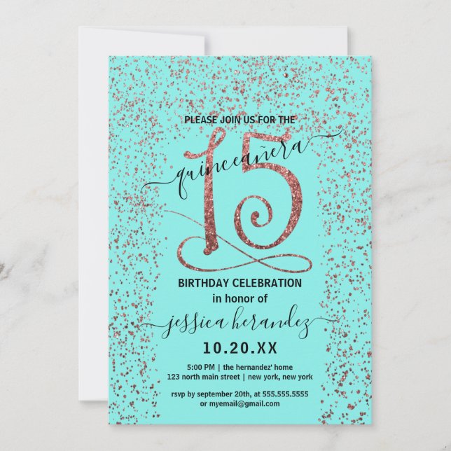 Invitación Girly Aqua Rosa Gold Confetti Border Quinceañera (Anverso)