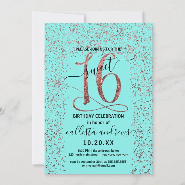 Invitación Girly Aqua Rosa Gold Confetti Border Sweet 16 (Anverso)
