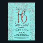 Invitación Girly Aqua Rosa Gold Confetti Border Sweet 16<br><div class="desc">Esta elegante y dulce moda de dieciséis años es la invitación perfecta para el día especial de tu hija adolescente. Cuenta con un rosa de purpurina dorado falso impreso y brillante borde de confeti con un gran "16" a juego, encima de un sencillo fondo verde verde azulado acuático. ¡Es glamuroso,...</div>