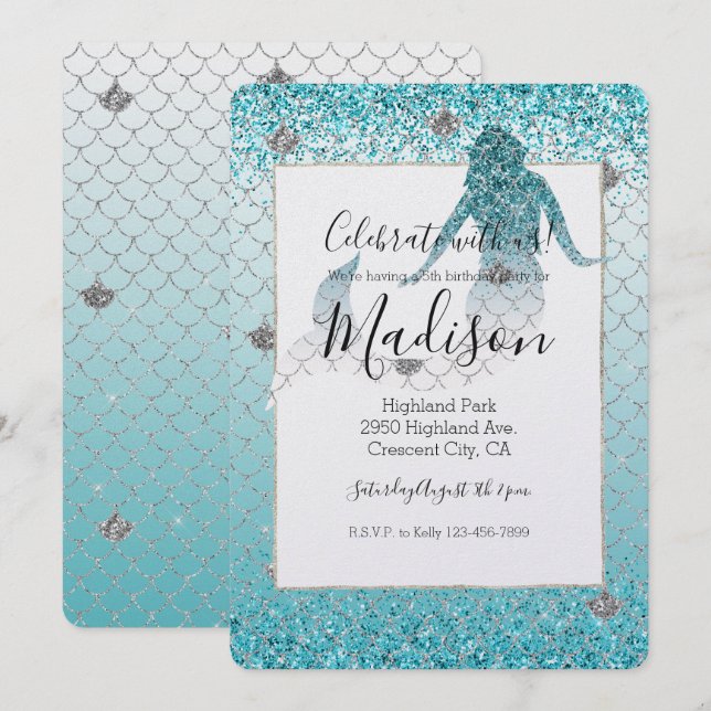 Invitación Girly Aqua Silver Purpurina Ombre Sparkle Mermaid (Anverso / Reverso)