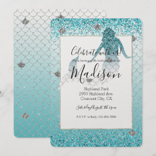 Invitación Girly Aqua Silver Purpurina Ombre Sparkle Mermaid