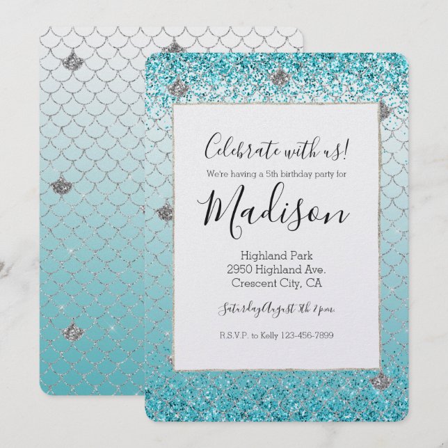 Invitación Girly Aqua Silver Purpurina Sparkle Mermaid (Anverso / Reverso)