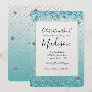 Invitación Girly Aqua Silver Purpurina Sparkle Mermaid