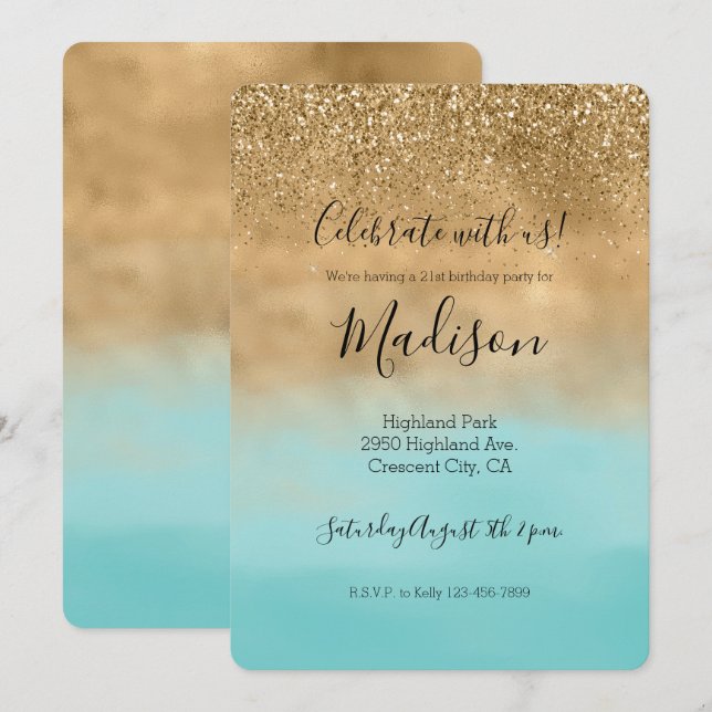 Invitación Girly Aqua Watercolor Gold Purpurina (Anverso / Reverso)