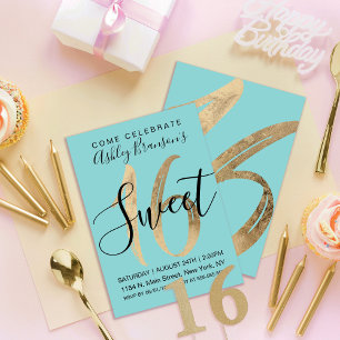 Invitación Girly Aquamarine Relieve metalizado dorado Verde a
