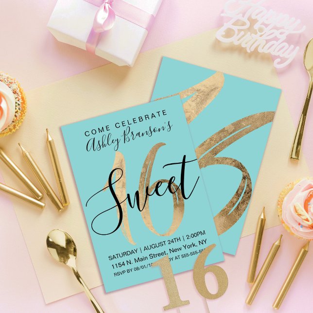 Invitación Girly Aquamarine Relieve metalizado dorado Verde a (Subido por el creador)