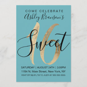 Invitación Girly Aquamarine Relieve metalizado dorado Verde a