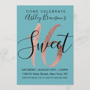 Invitación Girly Aquamarine Rosa Relieve metalizado dorado du