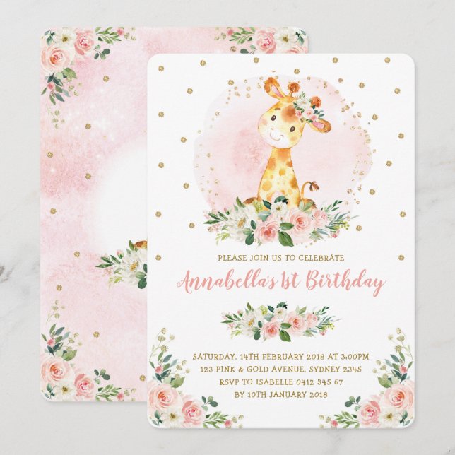 Invitación Girly Baby Giraffe Rubor Gold Floral Primer cumple (Anverso / Reverso)