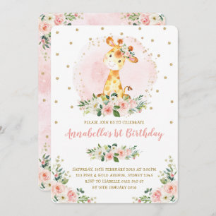 Invitación Girly Baby Giraffe Rubor Gold Floral Primer cumple