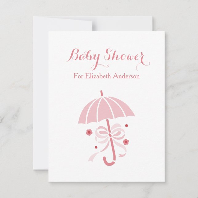 Invitación Girly Baby Shower Cute El Paraguas Rosa Con Bow (Anverso)