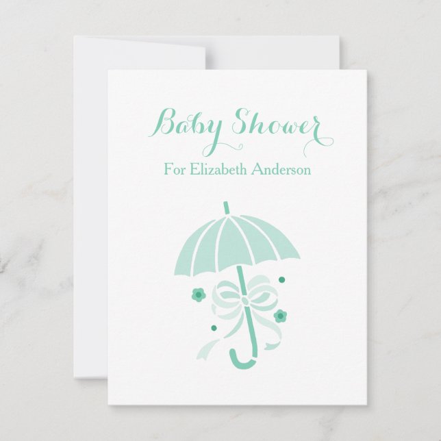 Invitación Girly Baby Shower cute una menta verde paraguas y  (Anverso)