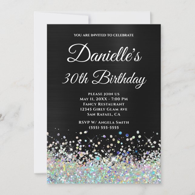 Invitación Girly Black Ombre Holo Purpurina 30 cumpleaños (Anverso)
