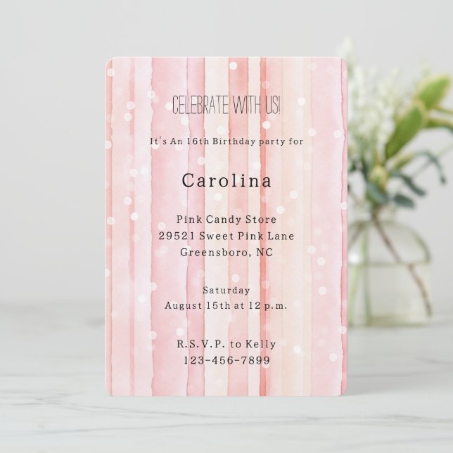 Invitación Girly Blush Pink Stripes White Dots Birthday (Anverso de pie)