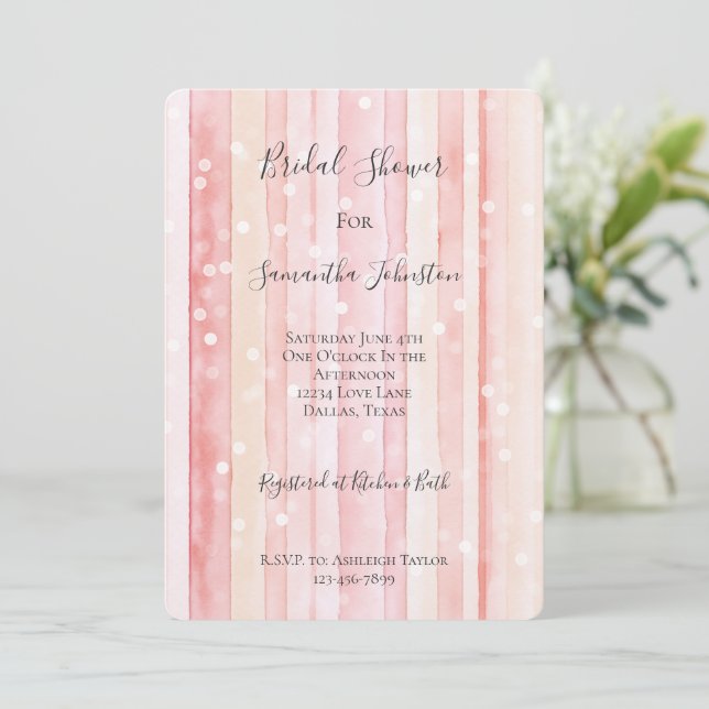 Invitación Girly Blush Pink Stripes White Dots Bridal Shower (Anverso de pie)