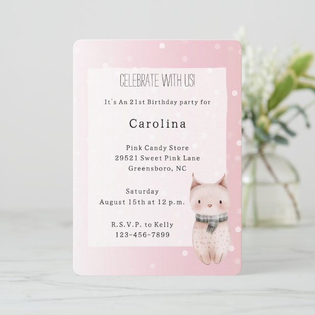 Invitación Girly Blush Pink White Dots Cat Birthday (Anverso de pie)