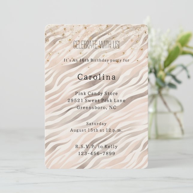 Invitación Girly Blush Zebra Gold Confetti Sparkle Birthday (Anverso de pie)