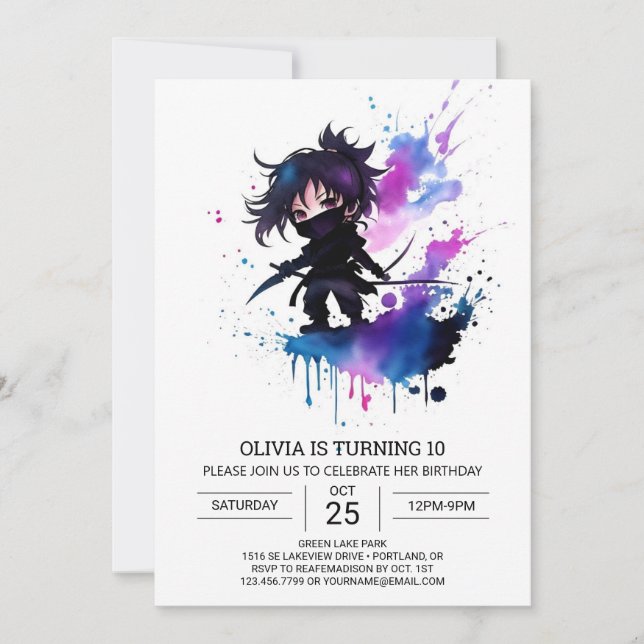 Invitación Girly Bohemian Ninja Chica Cumpleaños (Anverso)