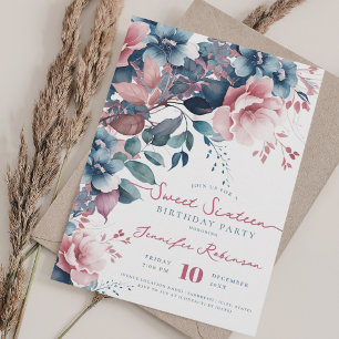 Invitación Girly Boho Blue Floral Sweet 16 Cumpleaños Party