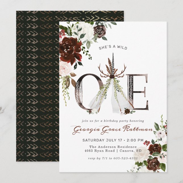 Invitación Girly Boho Floral Antler Tribal Wild Un Cumpleaños (Anverso / Reverso)