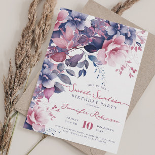 Invitación Girly Boho Morple Floral Sweet 16 cumpleaños