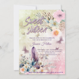 Invitación Girly bokeh Butterfly boho floral dulce dieciséis