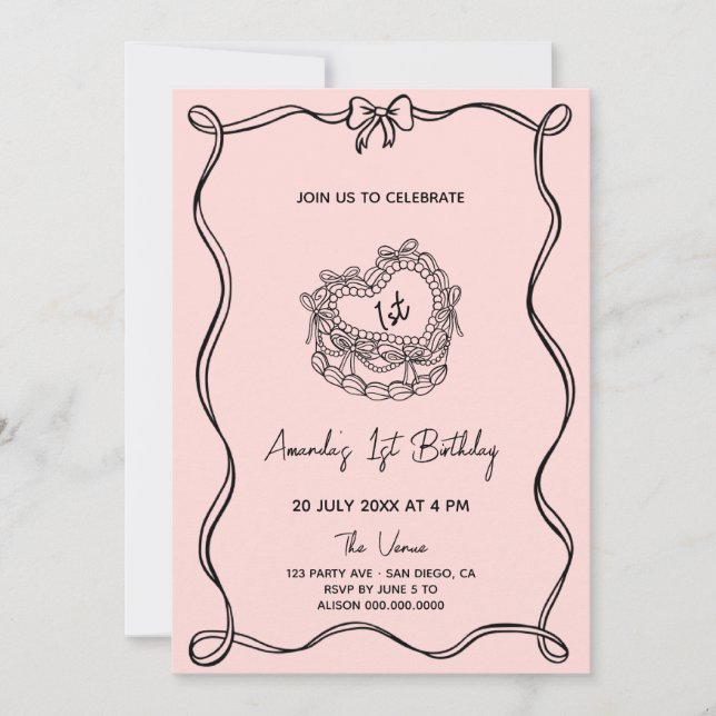 Invitación Girly Bow primer cumpleaños (Anverso)