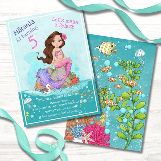 Invitación Girly Brunette Pink Mermaid Birday Party (Subido por el creador)