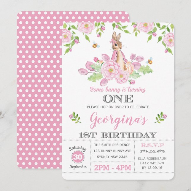 Invitación Girly Bunny 1er cumpleaños Fiesta Pink Garden Flor (Anverso / Reverso)