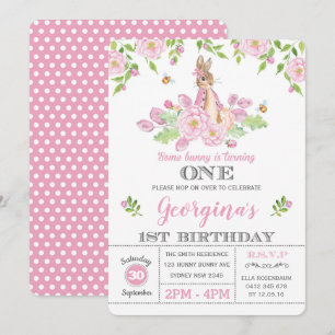 Invitación Girly Bunny 1er cumpleaños Fiesta Pink Garden Flor