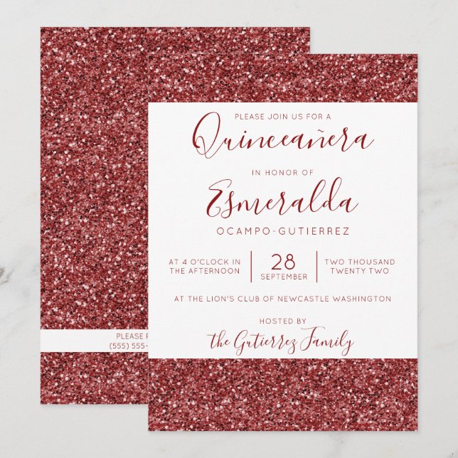 Invitación Girly Burgundy Purpurina Sparkle Quinceanera (Anverso / Reverso)