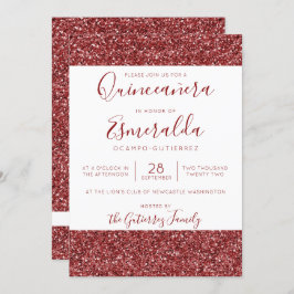 Invitación Girly Burgundy Purpurina Sparkle Quinceanera