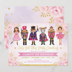 Invitación Girly Cascanueces Cumpleaños Floral Dorado Blush I
