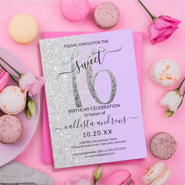 Invitación Girly Chic Lavender Silver Glitter Ombre Sweet 16 (Subido por el creador)
