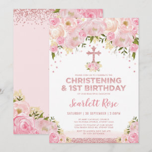 Invitación Girly Christening Primer Rosa de cumpleaños Rubor