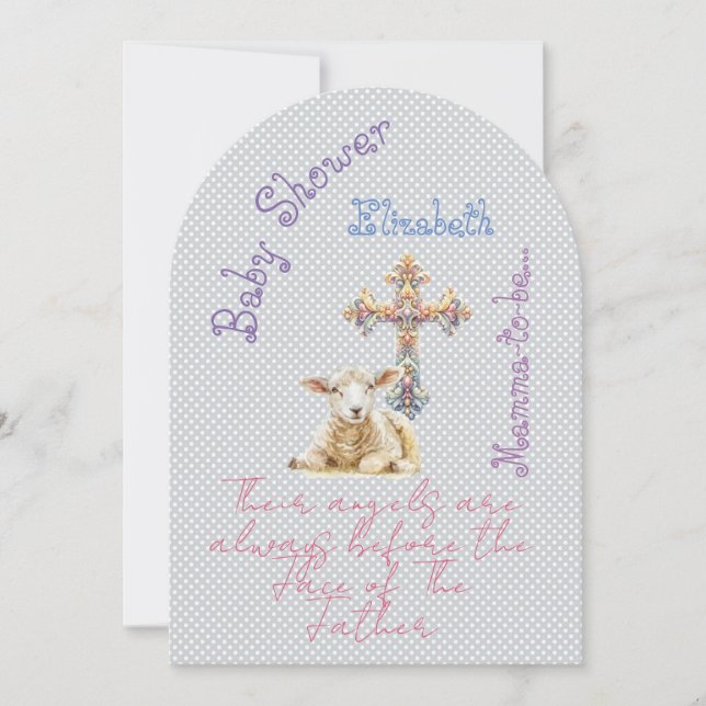 Invitación Girly Christian Grey Mauve Lamb Pastel Cross  (Anverso)